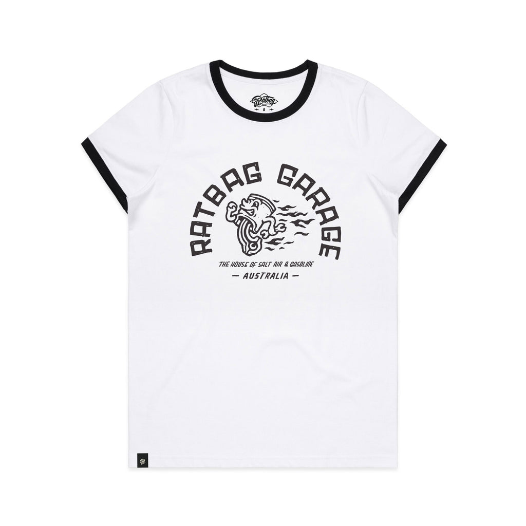 Auto Restorations White/Black Ringer Womens T-shirt – Ratbag Garage ...