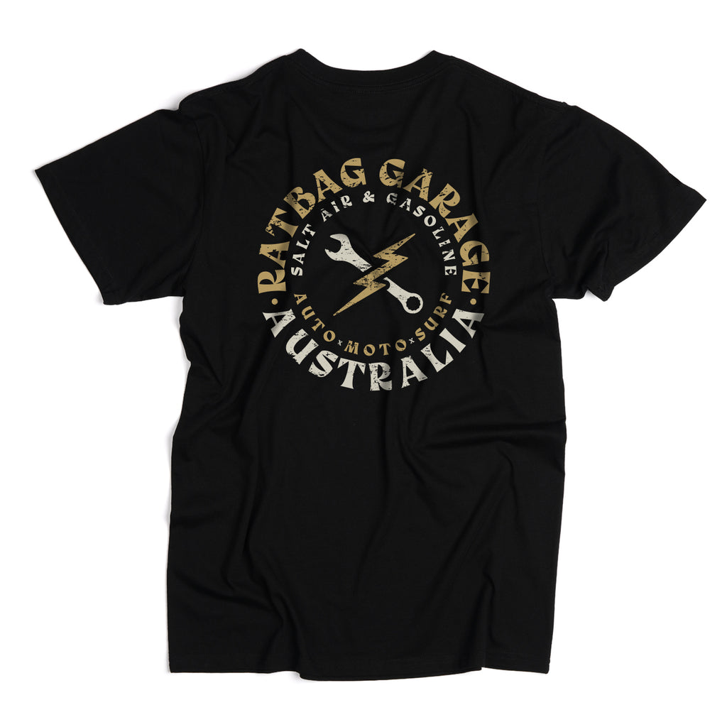 Garage Emblem Mens Black & Gold Vintage Cotton Graphic T-Shirt – Ratbag ...