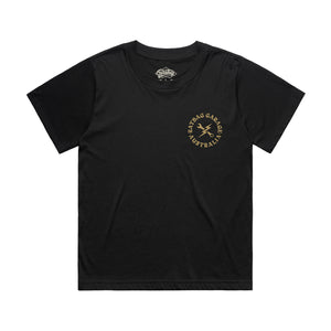 Garage Emblem Womens Black & Gold Loose Vintage Cotton Graphic T-Shirt